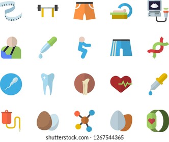 Color flat icon set egg flat vector, medical warmer, pipette, injury, ultrasound, tomograph, DNA, molecules, sperm, tooth, bone fracture, barbell, heartbeat, centimeter, athletic shorts, squats