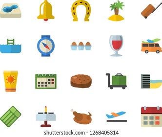 Color flat icon set egg flat vector, chicken, cutlet, wine, horseshoe, pool, calendar, luggage fector, hotel first line, departure, sun protection cream, island, romantic dinner, trolley, transfer