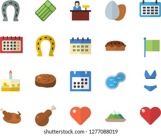 Color flat icon set egg flat vector, cake, pie, chicken, cutlet, horseshoe, pond, flag, calendar, heart, swimsuit, reception desk fector, inflatable mattress, mountains