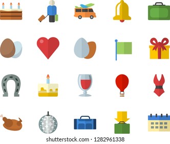 Color flat icon set egg flat vector, cake, chicken, wine, horseshoe, flag, present, heart, swimsuit, sport bag, balloon fector, luggage, suitcase, get, disco ball, transfer, bell, calendar