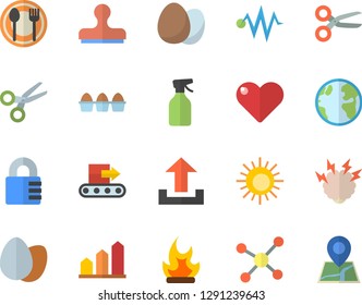 Color flat icon set egg flat vector, table setting, pulverizer, bonfire, earth, conveyor, molecule, brainstorm, electric discharge fector, achievement chart, sun, scissors, upload, stamp, lock