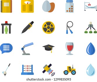 Color flat icon set egg flat vector, wine, tractor, radiation, hospital bed, abacus, reading lamp, hierarchy, pen, satellit, bachelor cap, notebook, weighing machine, vitamins, skipping rope, golf