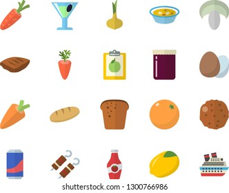 Color flat icon set egg flat vector, lemon, onion, carrot, bread, mushroom, soup, chop, shashlik, cutlet, lemonade, cocktail, jam, ketchup, orange, diet, cruise ship fector