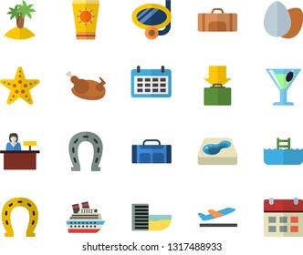 Color flat icon set egg flat vector, chicken, cocktail, horseshoe, pool, calendar, sport bag, hotel first line fector, departure, get luggage, sun protection cream, island, swimming mask, starfish