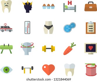 Color flat icon set egg flat vector, thermometer, carrot, pond, heart, computer diagnostics of health, briefcase, hospital bed, eye, headache, ambulance, caries, dental crowns, dumbbell, barbell