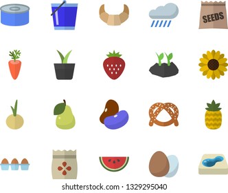 Color flat icon set egg flat vector, legumes, bagel, croissant, canned food, watermelon, carrot, onion, Strawberry, pineapple, pear, seeds, home plant, flower, bucketful, planting plants, rain, pool