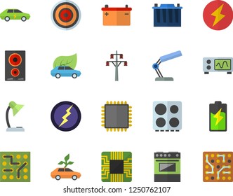 Color flat icon set electric stove flat vector, induction cooker, battery, accumulator, power line support, eco cars, motherboard, reading lamp, cpu, oscilloscope, lightning, electronic circuit