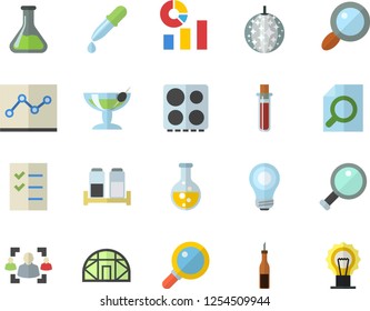 Color flat icon set electric stove flat vector, spice, sauce, greenhouse, chemistry, magnifier, statistics, pipette, blood test, recruitment, point diagram, to do list, bulb, cocktail fector, lamp