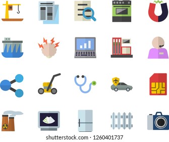 Color flat icon set electric stove flat vector, fridge, lawn mower, gas station, hydroelectric power, crane, autopilot, SIM card, radiator, molecules, news, stethoscope, ultrasound, magnifier
