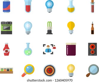 Color flat icon set electric stove flat vector, induction cooker, spice, sauce, lemonade, jam, ketchup, lamp, energy saving, blood test, medical analysis, recruitment, flask, bulb, magnifier