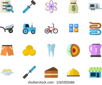 Color flat icon set electric kettle flat vector, kitchen spatula, towel, meat hammer, dish, spaghetti, piece of cake, tractor, garden wheelbarrow, wealth, calculator, caries, magnifier, atom, pills