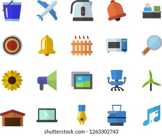 Color flat icon set electric kettle flat vector, induction cooker, microwave, flower, bucketful, windmill, radiator, warehouse, ink pen, office chair, worker, copy machine, laptop, magnifier, bell