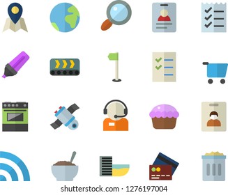 Color flat icon set electric stove flat vector, cupcake, porridge, conveyor, grocery trolley, magnifier, marker, telephone operator, to do list, satellit, sports flag, earth fector, indentity card