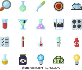 Color flat icon set electric stove flat vector, induction cooker, temperature, cocktail, whiskey, jam, ketchup, greenhouse, lamp, energy saving, magnifier, pipette, blood test, medical analysis