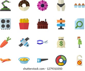 Color flat icon set electric stove flat vector, egg, donut, soup, French fries, carrot, flower, saw, secateurs, plant, robotics, wealth, gestation, clircle diagram, magnifier, satellit, waistline