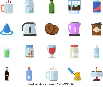 Color flat icon set electric kettle flat vector, turk, coffee beans, lemonade, wine, whiskey, soda, coffe, tea, drop, glass bottles, vitamins, water, romantic dinner fector