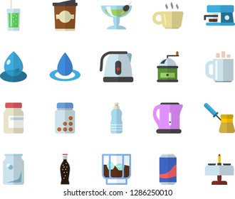 Color flat icon set electric kettle flat vector, coffee grinder, turk, machine, lemonade, whiskey, soda, coffe, drop, glass bottles, vitamins, water, cocktail fector, romantic dinner