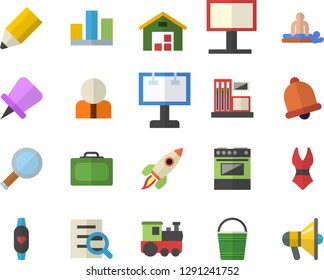 Color flat icon set electric stove flat vector, bucketful, gas station, billboard, person, warehouse, massage, statistic, magnifier, pencil, rocket, swimsuit, fitness bracelet, train fector, bell