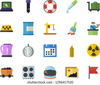Color flat icon set electric kettle flat vector, stove, mustard, paint brush, radiation, crane, mining, pipette, calendar, tie, laptop, astronaut helmet fector, proteins, passport control, lifebuoy
