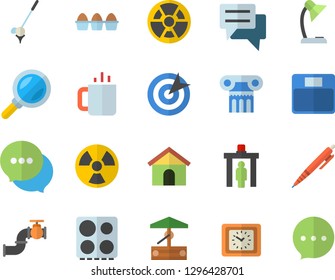 Color flat icon set electric stove flat vector, egg, tea, well, main pipeline, radiation, magnifier, clock, chat, reading lamp, target, pen, weighing machine, antique column fector, control gate