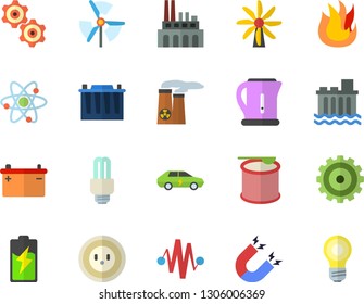 Color flat icon set electric kettle flat vector, fire, battery, windmill, accumulator, socket, hydroelectric power station, plant, cars, cogwheel, atom, energy saving lamp fector, nuclear, magnet