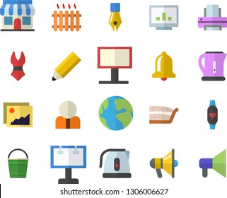 Color flat icon set electric kettle flat vector, piece of cake, bucketful, radiator, store front, billboard, person, earth, computer chart, ink pen, printer, pencil, swimsuit, fitness bracelet, bell