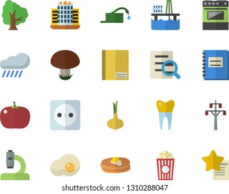 Color flat icon set electric stove flat vector, onion, pancakes, tomato, popcorn, scrambled eggs, mushroom, tree, hose, rain, oil production platform, socket, power line support, microscope