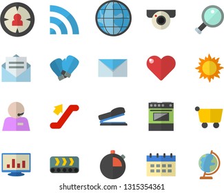 Color flat icon set electric stove flat vector, sun, conveyor, grocery trolley, target audience, earth, computer chart, phone operator, stapler, mail, magnifier, boxing gloves, escalator fector