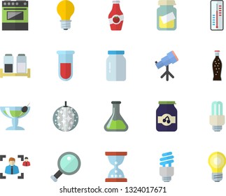 Color flat icon set electric stove flat vector, spice, glass jar, lemonade, jam, ketchup, thermometer, chemistry, lamp, blood test, medical analysis, recruitment, energy saving fector, magnifier