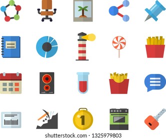 Color flat icon set electric stove flat vector, induction cooker, lollipop, French fries, mining, lighthouse, barcode, blood test, molecules, notebook, clircle diagram, office chair, medal, share