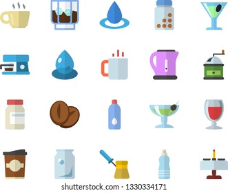 Color flat icon set electric kettle flat vector, coffee grinder, turk, machine, beans, wine, cocktail, whiskey, coffe, tea, drop, glass bottles, vitamins, water, fector, romantic dinner