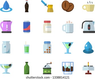 Color flat icon set electric kettle flat vector, coffee grinder, turk, beans, lemonade, cocktail, whiskey, soda, drop, glass bottles, vitamins, fector, romantic dinner
