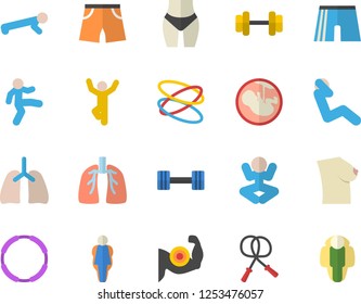 Color flat icon set embryo flat vector, breast, lungs, dumbbell, muscles, waistline, skipping rope, athletic shorts, yoga, gymnastics, push up, swing press, hoop, size, lose weight