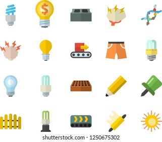 Color flat icon set energy saving lamp flat vector, brick, rolling pin, fence, conveyor, idea, DNA, drawing, pencil, bulb, fector, brainstorm, athletic shorts, sun