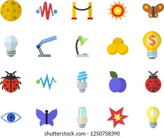 Color flat icon set energy saving lamp flat vector, plum, ladybird, butterflies, idea, eye, reading, moon, fector, spark, electric discharge, pills, VIP area, sun