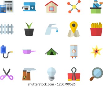 Color flat icon set energy saving lamp flat vector, calculator, boiler, faucet, saute, scissors, coffee machine, French fries, home plant, radiator, location, medical warmer, molecule, nuclear power