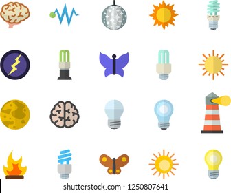 Color flat icon set energy saving lamp flat vector, sun, butterflies, bonfire, lighthouse, moon, bulb, fector, lightning, brain, electric discharge, disco ball