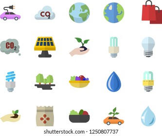Color flat icon set energy saving lamp flat vector, salad, seeds, seedlings, solar battery, earth, forest, eco cars, electric, carbon dioxide, bags, fector, drop