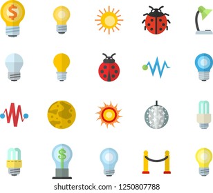 Color flat icon set energy saving lamp flat vector, ladybird, idea, reading, moon, bulb, fector, electric discharge, VIP area, sun, disco ball