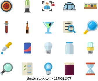 Color flat icon set energy saving lamp flat vector, induction cooker, spice, glass jar, sauce, lemonade, cocktail, jam, greenhouse, magnifier, pipette, blood test, recruitment, to do list, hourglass