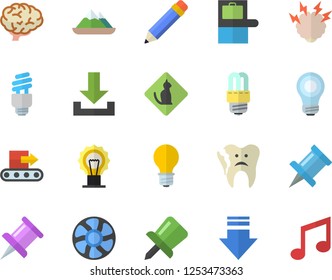 Color flat icon set energy saving lamp flat vector, ventilation, conveyor, broken tooth, drawing pin, pencil, bulb, fector, brainstorm, brain, baggage claim, pets allowed, mountains, download, note