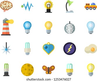 Color flat icon set energy saving lamp flat vector, scrambled eggs, butterflies, laser, lighthouse, reading, moon, bulb, fector, lightning, lunar rover, brain, electric discharge, disco ball