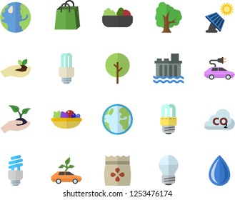 Color flat icon set energy saving lamp flat vector, salad, seeds, tree, seedlings, solar battery, earth, hydroelectric power station, eco cars, electric, carbon dioxide, bags, fector, drop