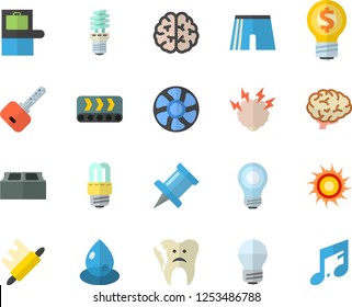 Color flat icon set energy saving lamp flat vector, brick, rolling pin, ventilation, conveyor, drop, idea, broken tooth, bulb, brainstorm, brain, athletic shorts, baggage claim fector, sun, drawing
