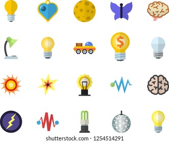 Color flat icon set energy saving lamp flat vector, butterflies, idea, reading, moon, bulb, spark, lightning, lunar rover, brain, electric discharge fector, sun, disco ball, heart pendant