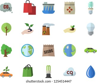 Color flat icon set energy saving lamp flat vector, seeds, tree, seedlings, earth, hydroelectric power station, eco cars, electric, carbon dioxide, bags, nuclear plant, drop