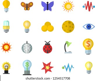 Color flat icon set energy saving lamp flat vector, ladybird, butterflies, idea, eye, reading, moon, bulb, spark, electric discharge fector, pills, sun, disco ball