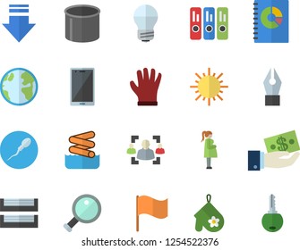 Color flat icon set energy saving lamp flat vector, potholder, sun, gloves, earth, pipe production, investments, flag, book balance accounting, gestation, sperm, recruitment, ink pen, folder, mobile