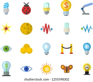 Color flat icon set energy saving lamp flat vector, ladybird, butterflies, idea, eye, reading, moon, bulb, fector, spark, electric discharge, pills, VIP area, sun