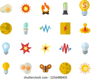 Color flat icon set energy saving lamp flat vector, switch box, scrambled eggs, butterflies, bonfire, laser, idea, moon, bulb, spark, electric discharge fector, sun